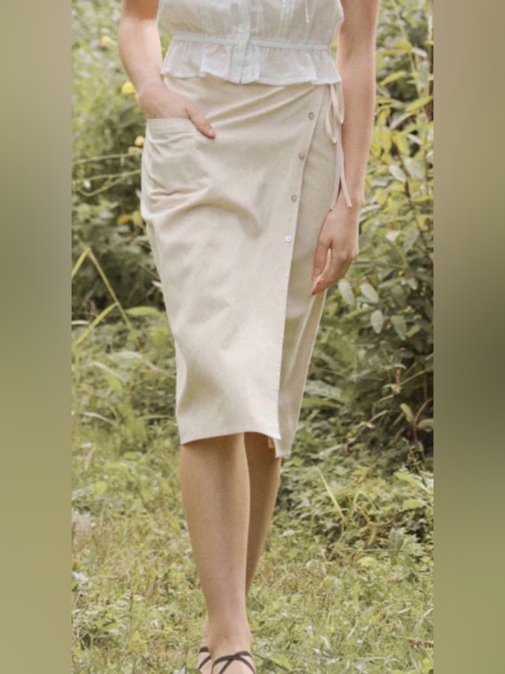 Atèlette LOIRET Skirt Sz S Beige Tan Side Slit Waist Tie Career Boho Minimalist
